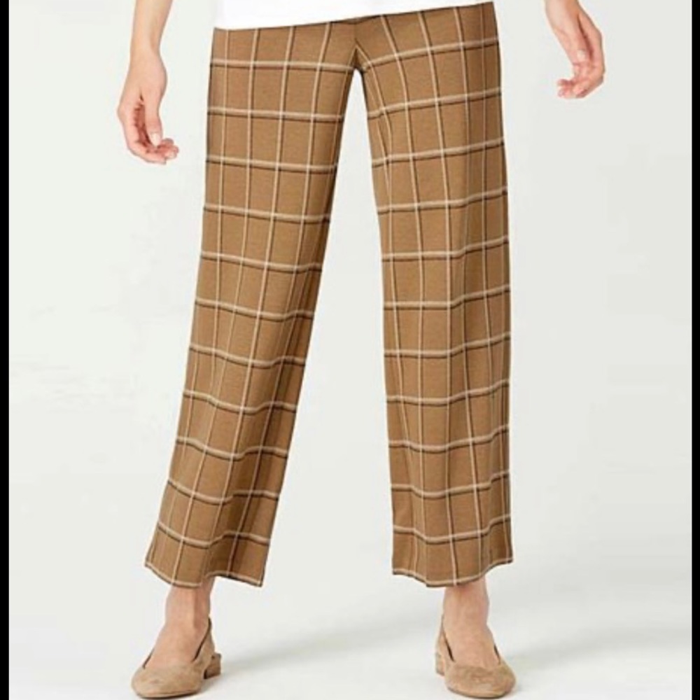 J Jill Camel Ivory Black Plaid Knit Full Leg Cropped Pants Medium Ponte Pull On